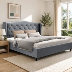 Grey Upholstered Double Bed Frame with Steel Base