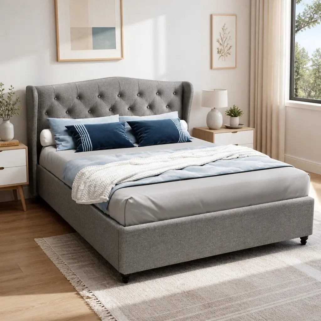 Grey Upholstered Double Bed Frame with Steel Base