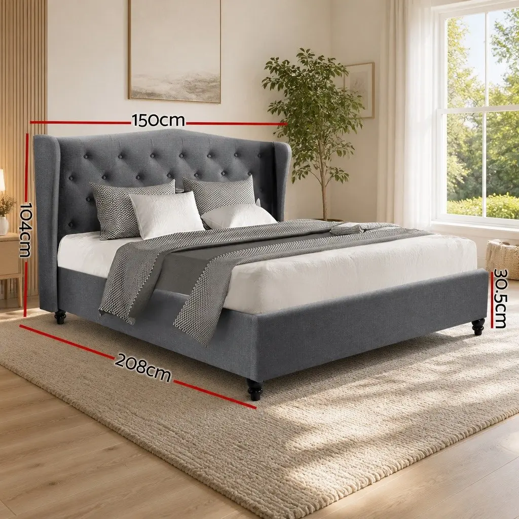 Grey Upholstered Double Bed Frame with Steel Base