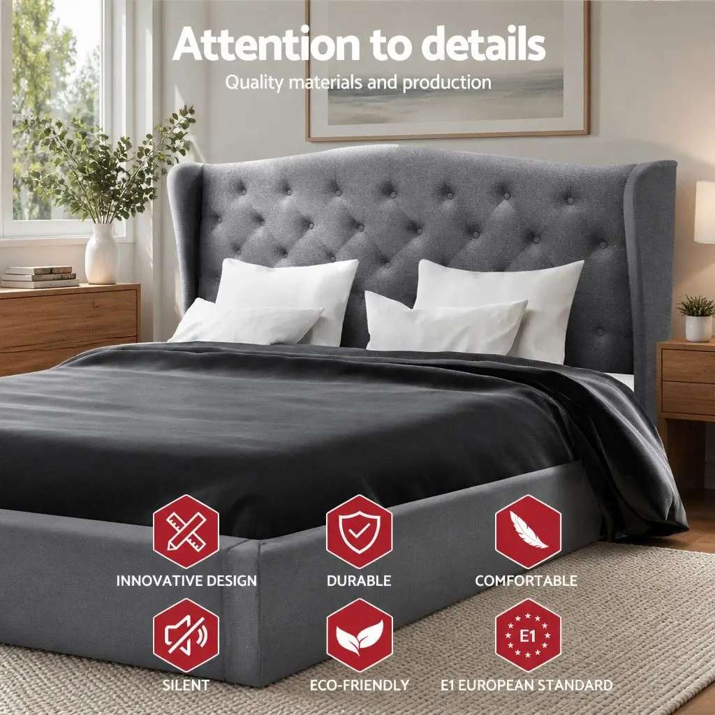 Grey Upholstered Double Bed Frame with Steel Base