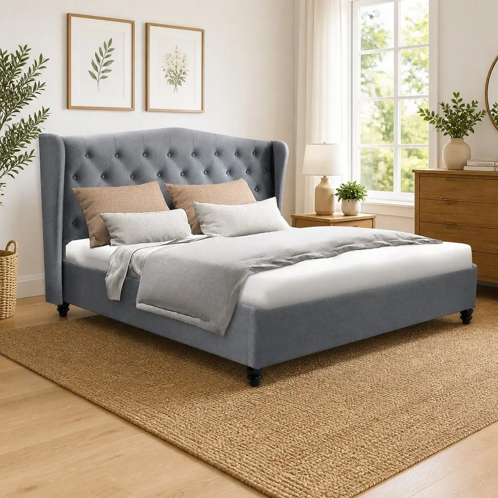 Grey Upholstered Double Bed Frame with Steel Base