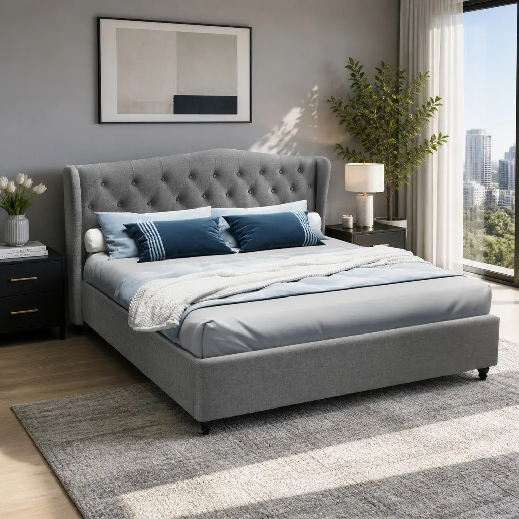 King Size Bed Frame Grey Steel Frame Wooden Slat Base Tufted Upholstered Headboard