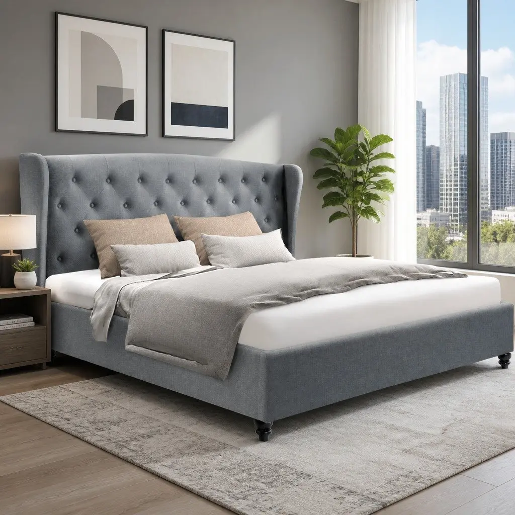 King Size Bed Frame Grey Steel Frame Wooden Slat Base Tufted Upholstered Headboard