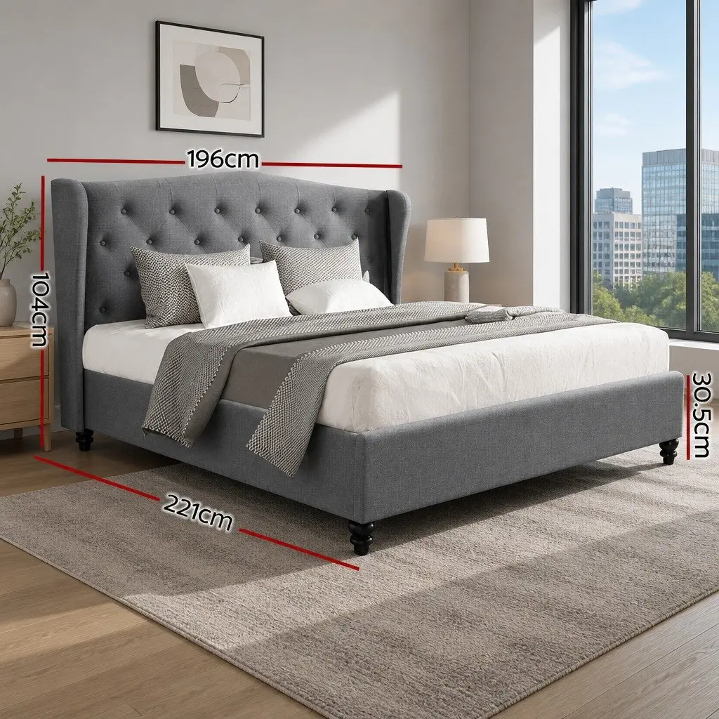 King Size Bed Frame Grey Steel Frame Wooden Slat Base Tufted Upholstered Headboard