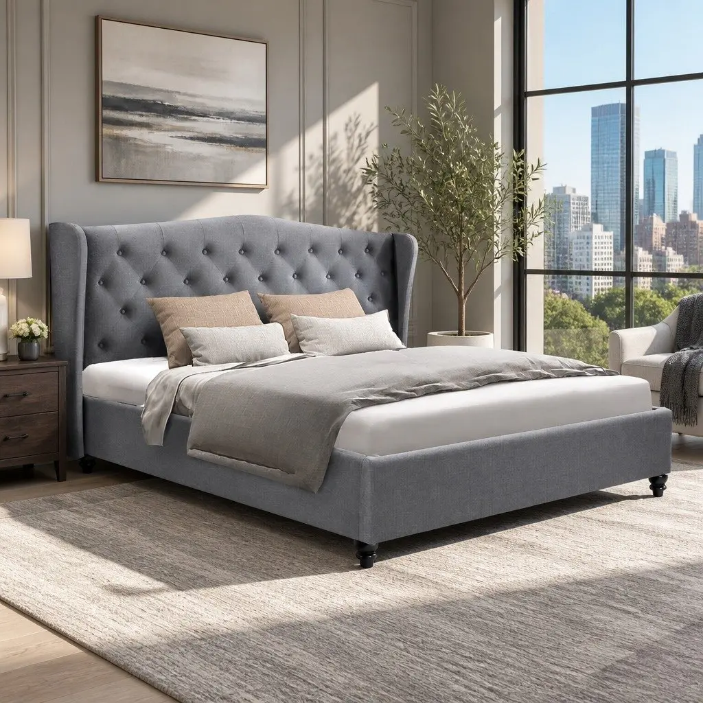 King Size Bed Frame Grey Steel Frame Wooden Slat Base Tufted Upholstered Headboard