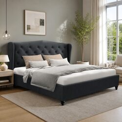 Charcoal Upholstered Queen Bed Frame with Wing Headboard