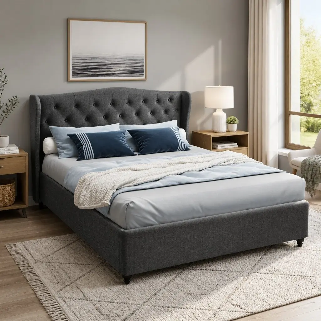 Charcoal Upholstered Queen Bed Frame with Wing Headboard