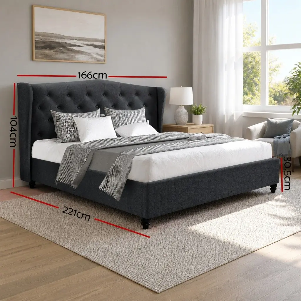 Charcoal Upholstered Queen Bed Frame with Wing Headboard
