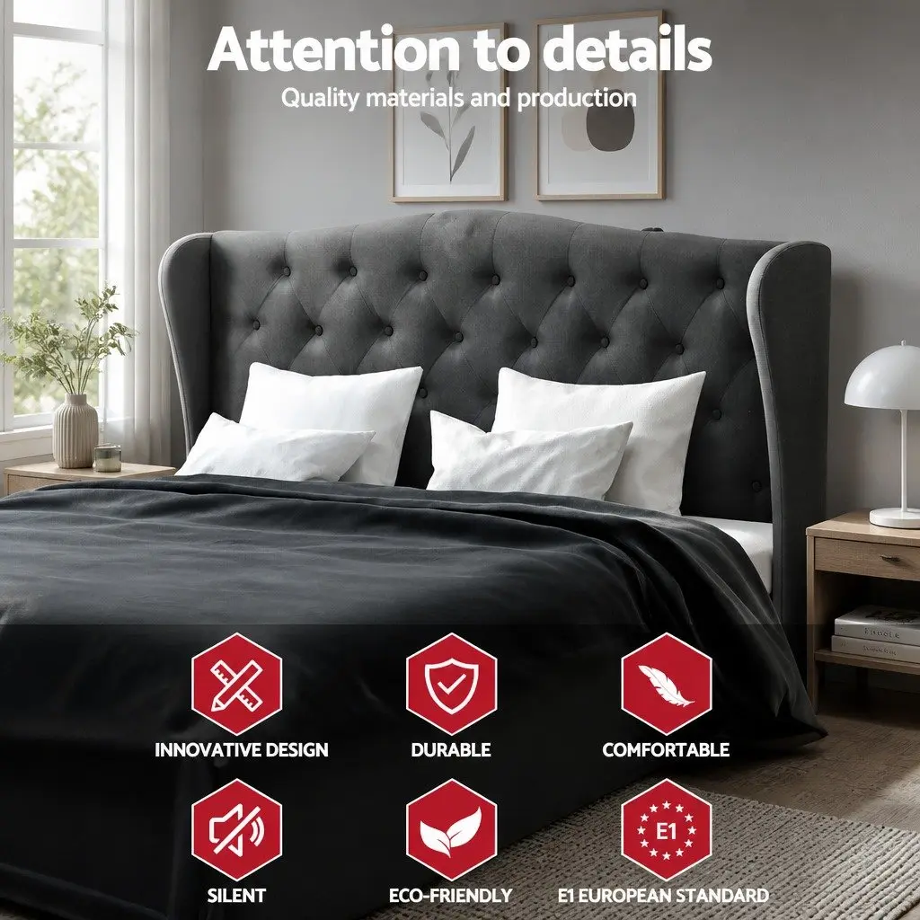 Charcoal Upholstered Queen Bed Frame with Wing Headboard
