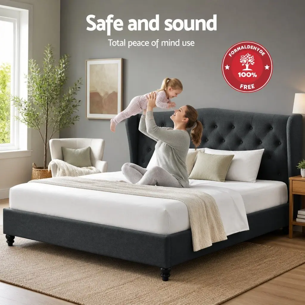 Charcoal Upholstered Queen Bed Frame with Wing Headboard