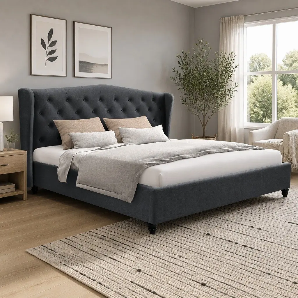Charcoal Upholstered Queen Bed Frame with Wing Headboard