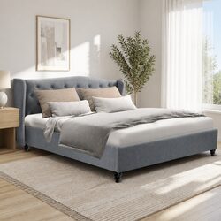 Elegant Queen Size Bed Frame with Grey Upholstered Headboard