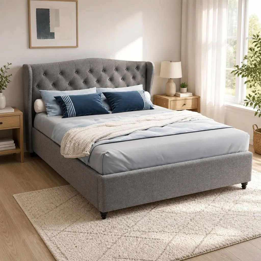 Queen Size Bed Frame with Grey Upholstered Headboard