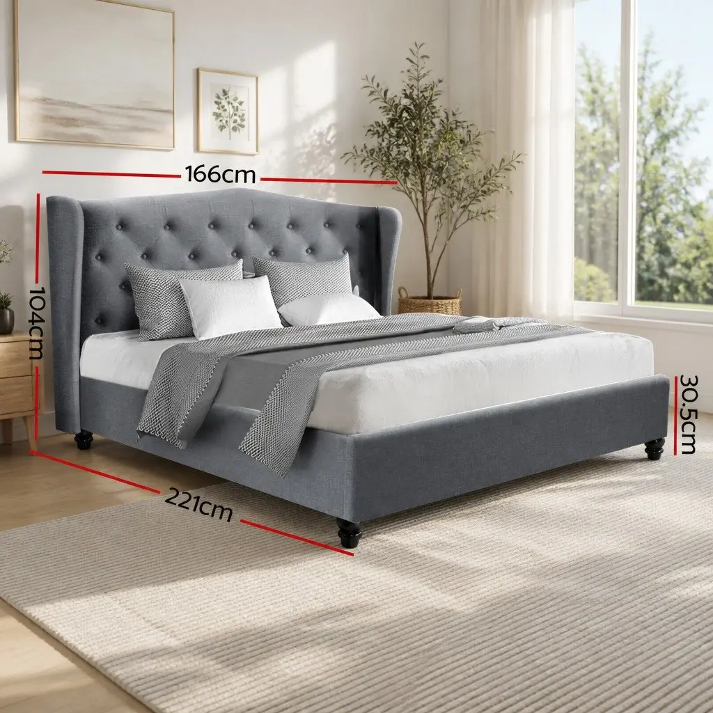 Queen Size Bed Frame with Grey Upholstered Headboard