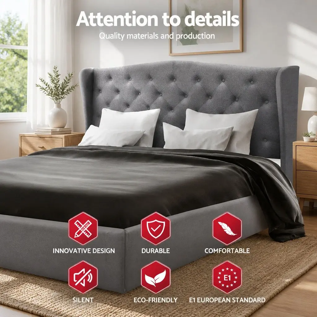Queen Size Bed Frame with Grey Upholstered Headboard