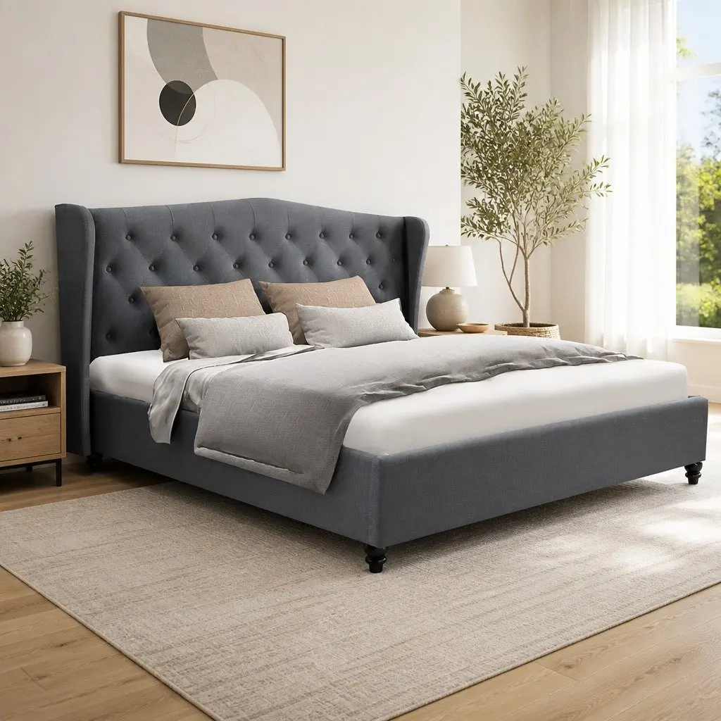 Queen Size Bed Frame with Grey Upholstered Headboard