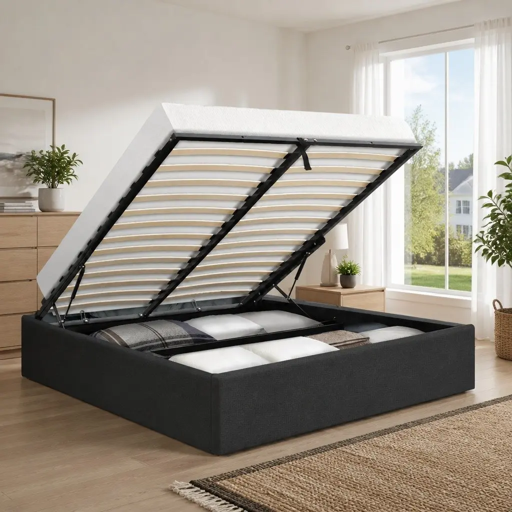 Charcoal Gas Lift Bed Frame with Storage for Double Mattress