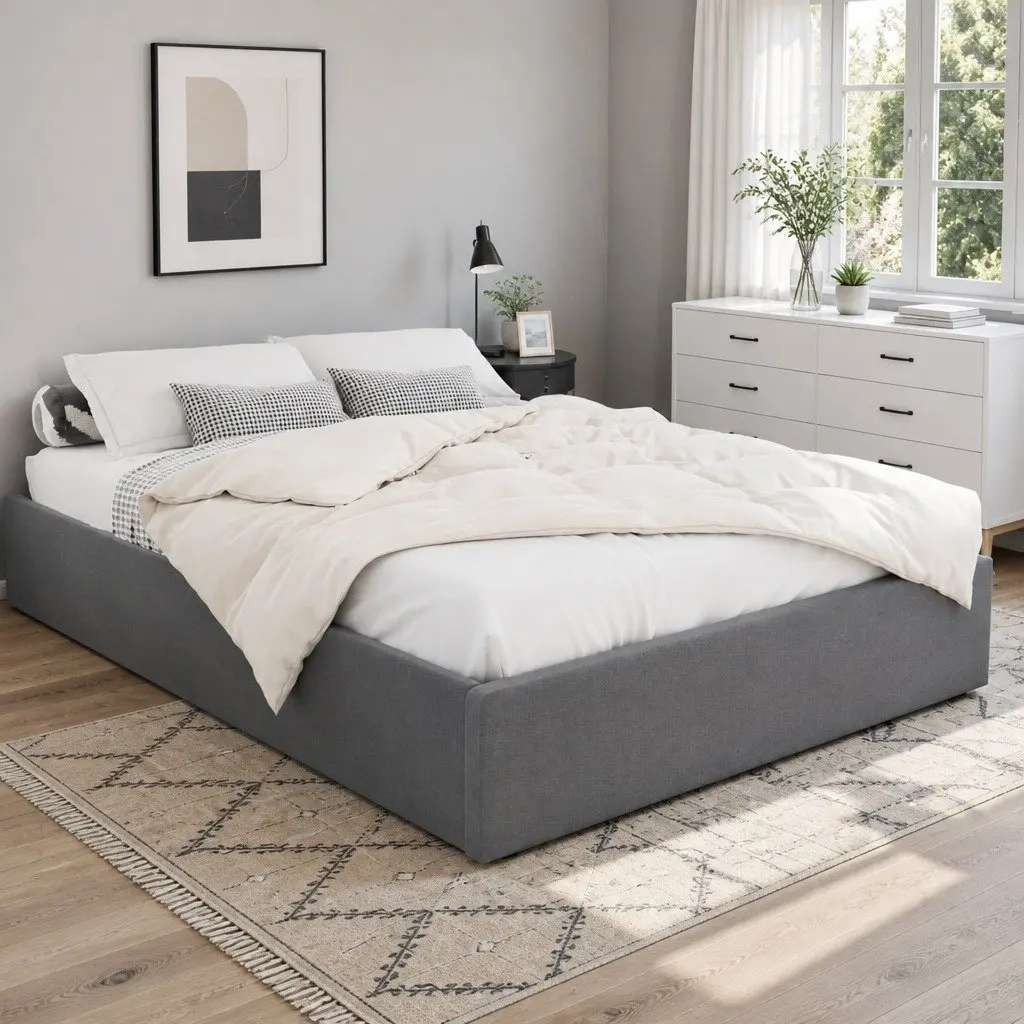 Queen Size Grey Wooden Double Bed Frame with Storage