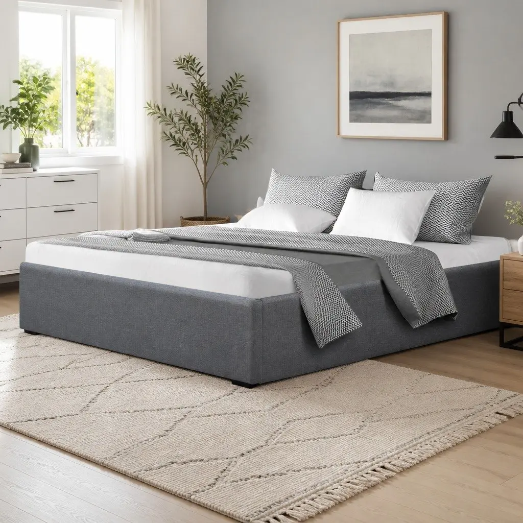Queen Size Grey Wooden Double Bed Frame with Storage