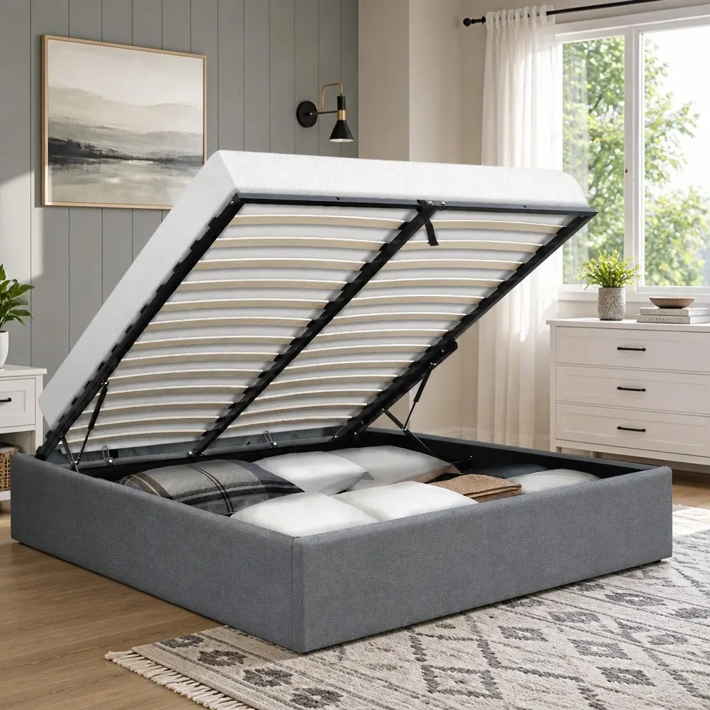 Queen Size Grey Wooden Double Bed Frame with Storage