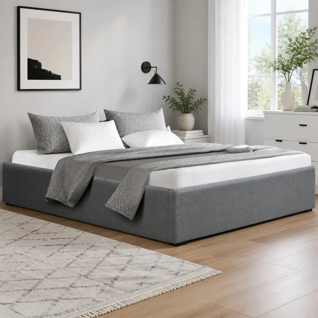 Queen Size Grey Wooden Double Bed Frame with Storage