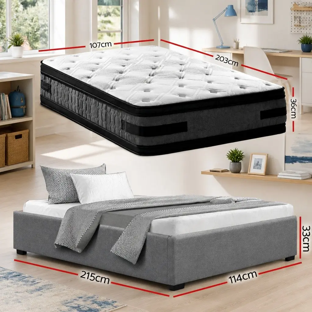 King Single Bed Frame Grey Gas Lift Storage with 36cm Mattress Set Faux Linen Fabric