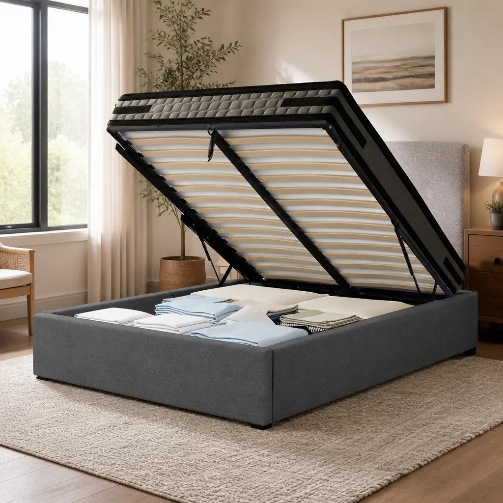 King Single Bed Frame Grey Gas Lift Storage with 36cm Mattress Set Faux Linen Fabric