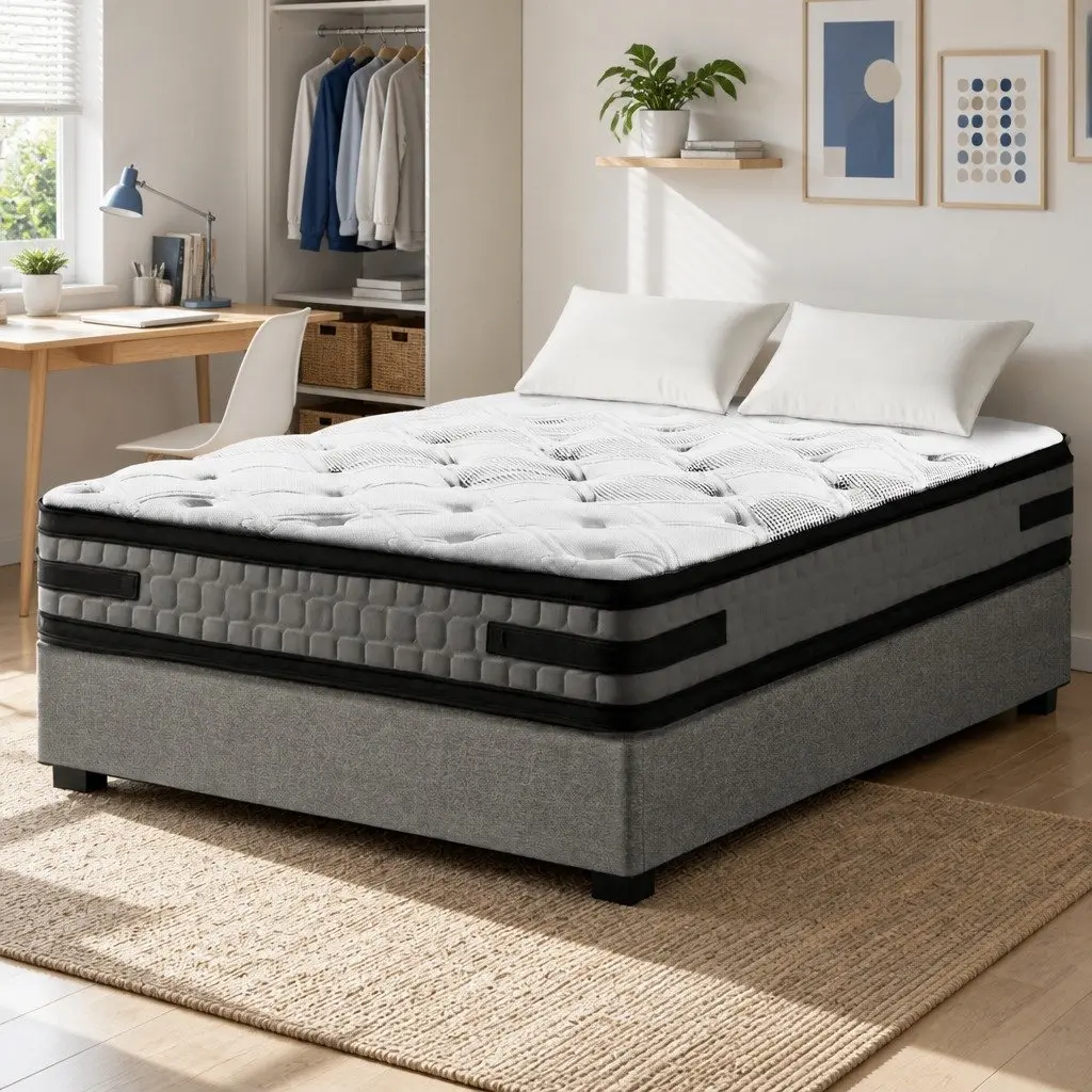 King Single Bed Frame Grey Gas Lift Storage with 36cm Mattress Set Faux Linen Fabric