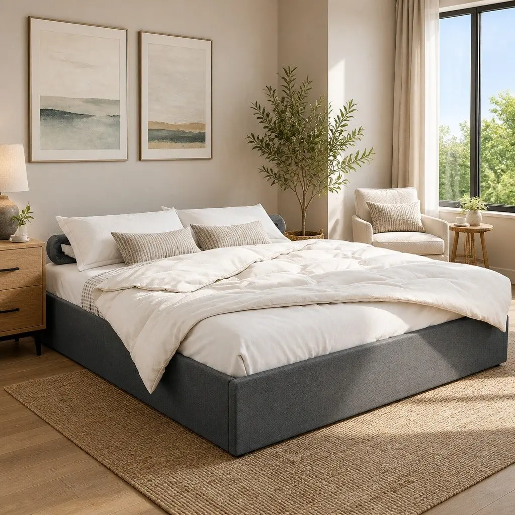 Grey Upholstered King Size Gas Lift Storage Bed Frame