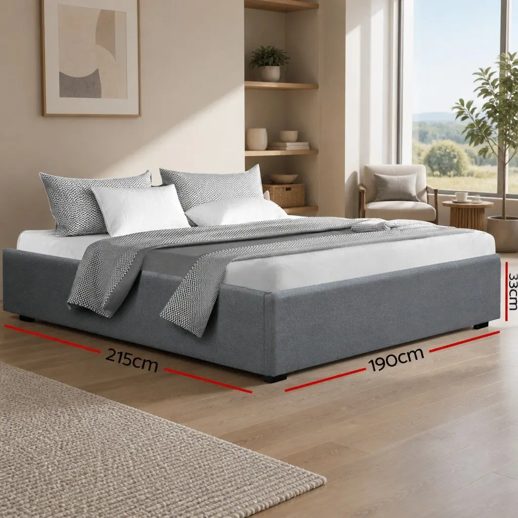 Grey Upholstered King Size Gas Lift Storage Bed Frame