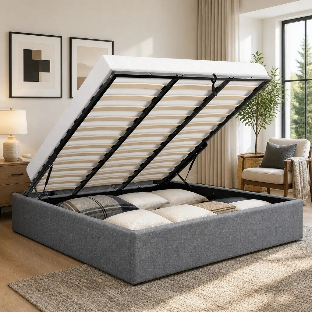 Grey Upholstered King Size Gas Lift Storage Bed Frame