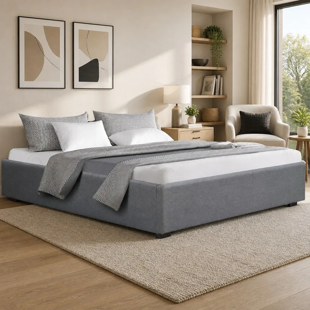 Grey Upholstered King Size Gas Lift Storage Bed Frame