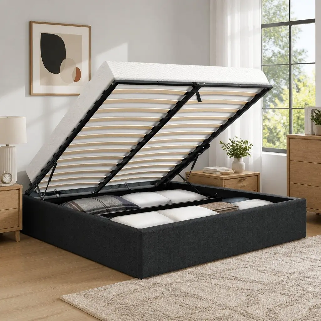 Charcoal Upholstered Gas Lift Queen Bed Frame with Storage