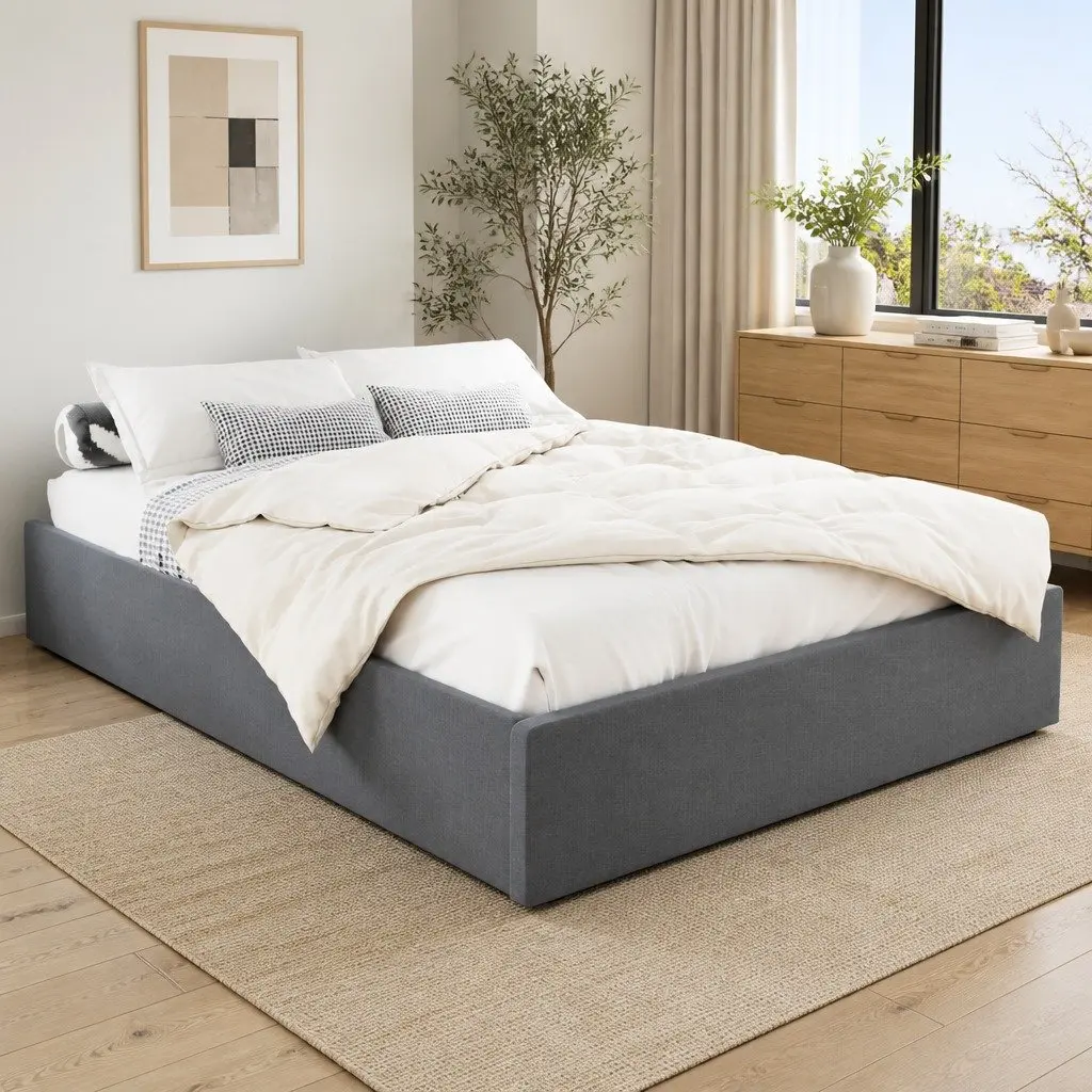 Queen Size Grey Gas Lift Bed Frame with Storage