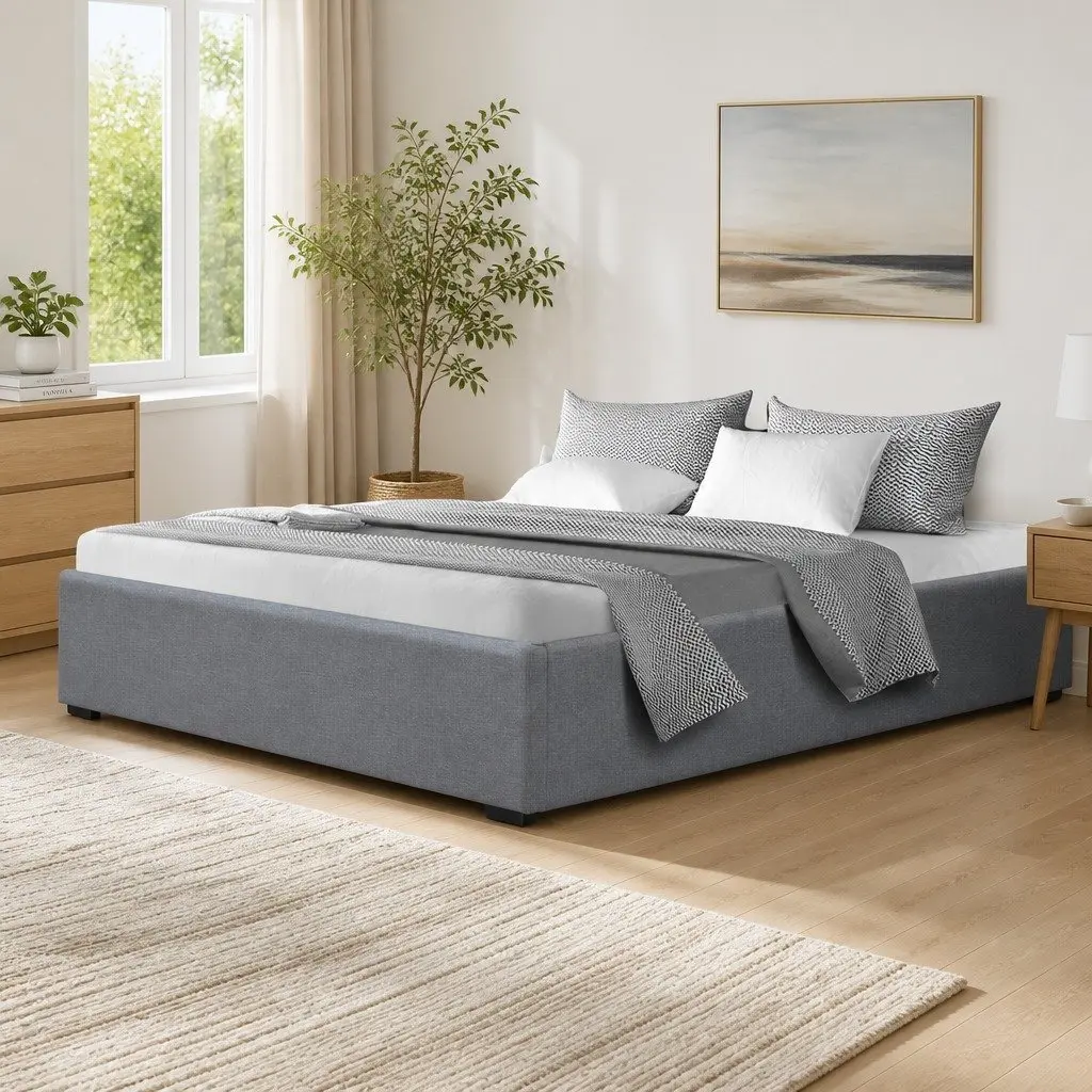 Queen Size Grey Gas Lift Bed Frame with Storage