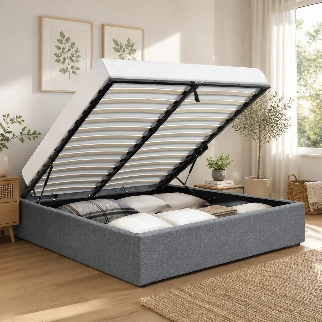 Queen Size Grey Gas Lift Bed Frame with Storage