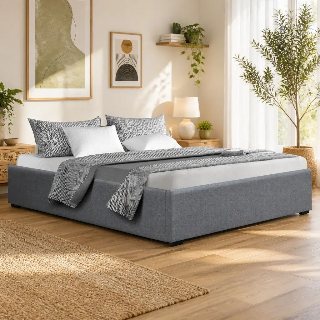 Queen Size Grey Gas Lift Bed Frame with Storage