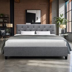 Grey Upholstered Double Bed Frame with Wooden Slats