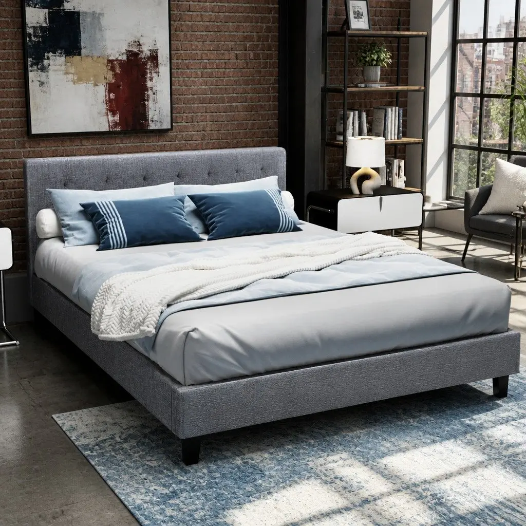 Grey Upholstered Double Bed Frame with Wooden Slats