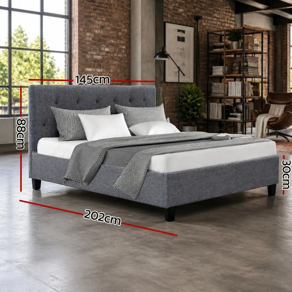 Grey Upholstered Double Bed Frame with Wooden Slats