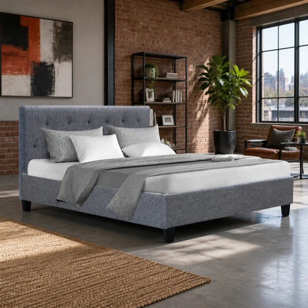 Grey Upholstered Double Bed Frame with Wooden Slats