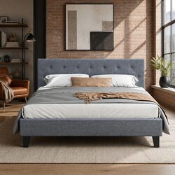 Grey Upholstered Queen Size Bed Frame with Padded Headboard