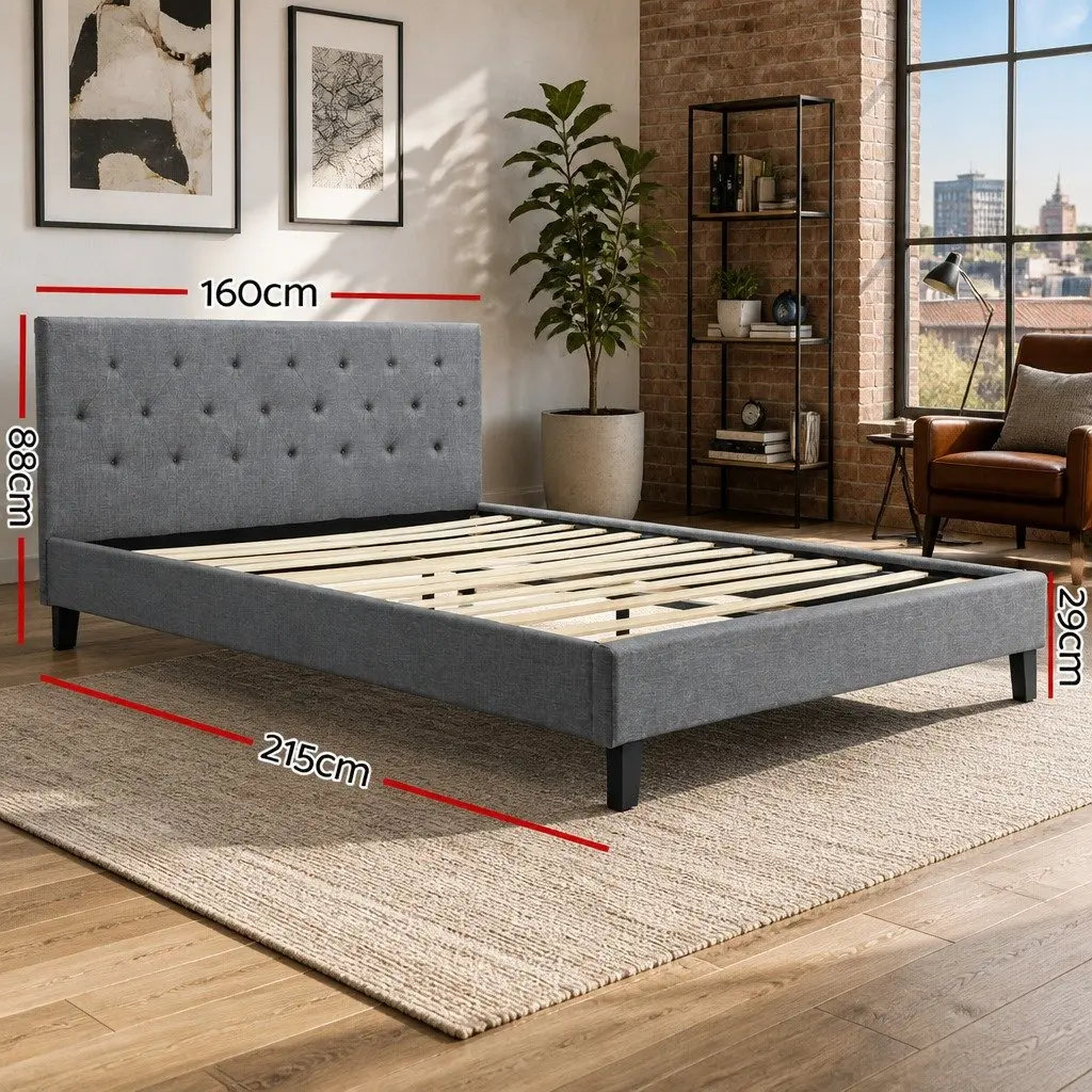 Grey Upholstered Queen Size Bed Frame with Padded Headboard