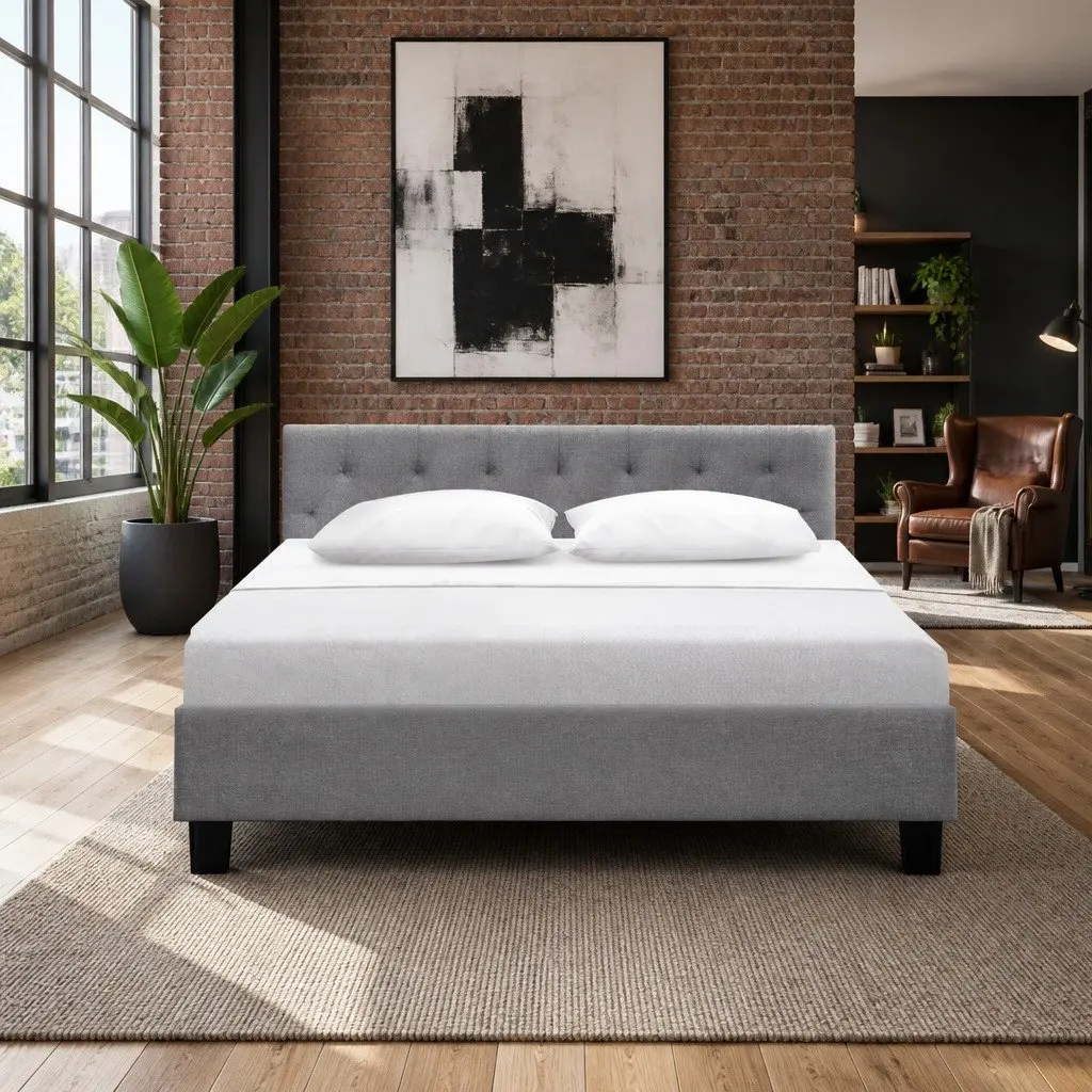 Grey Upholstered Queen Size Bed Frame with Padded Headboard