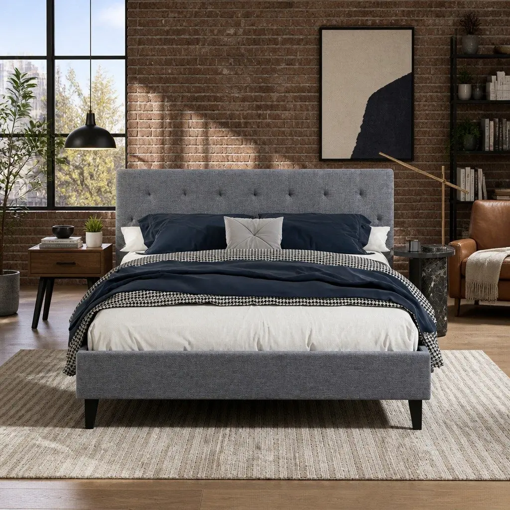 Grey Upholstered Queen Size Bed Frame with Padded Headboard