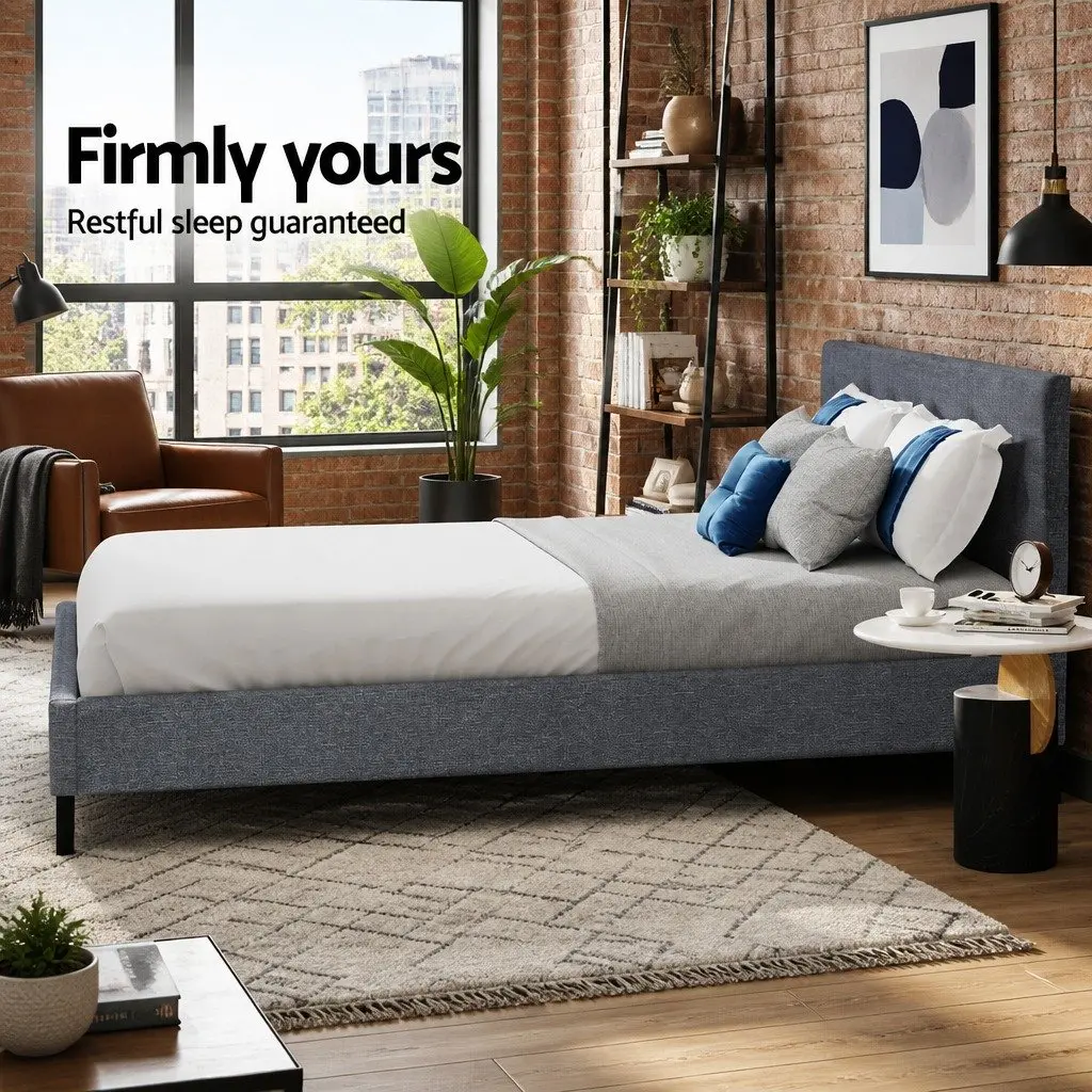 Grey Upholstered Queen Size Bed Frame with Padded Headboard