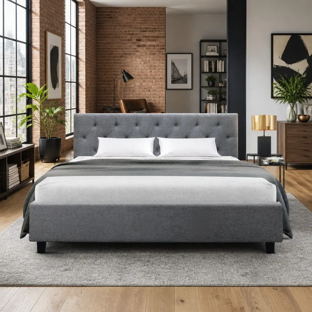 Grey Upholstered Queen Size Bed Frame with Padded Headboard