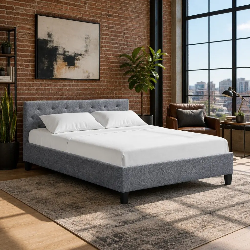 Grey Upholstered Queen Size Bed Frame with Padded Headboard