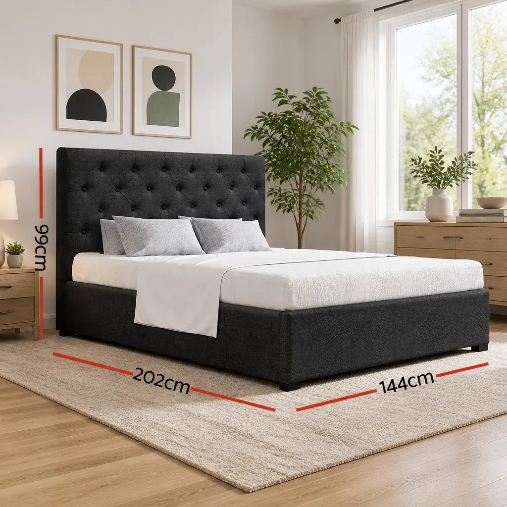Double Gas Lift Bed Frame Charcoal Tufted Headboard Double Size Wooden
