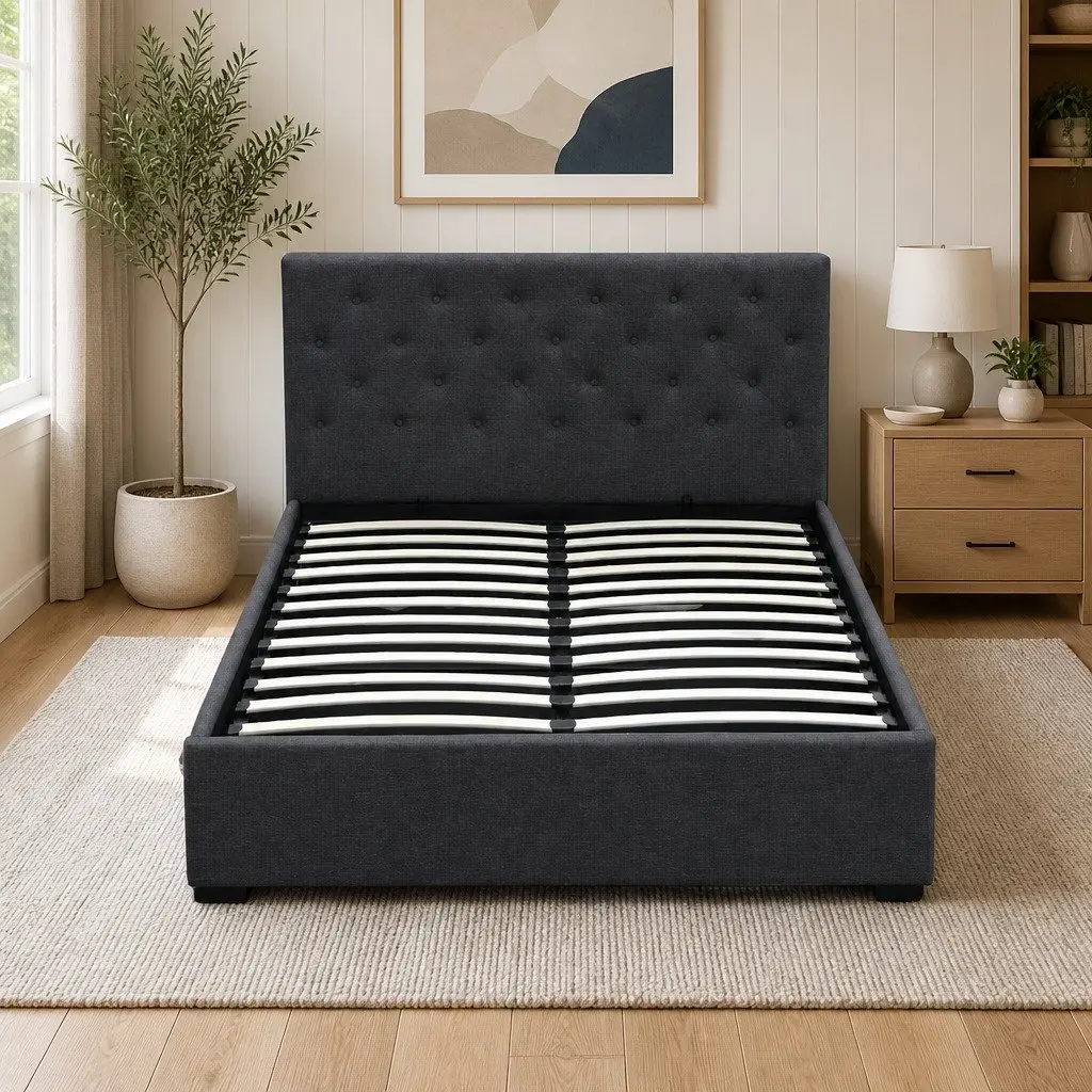 Double Gas Lift Bed Frame Charcoal Tufted Headboard Double Size Wooden
